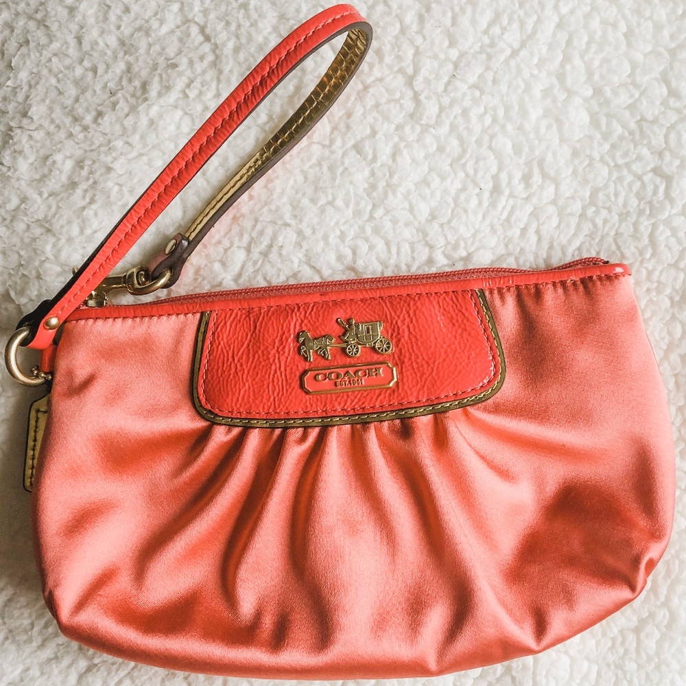 COACH Wristlet Purse - Satin Pink-Orange & Gold
